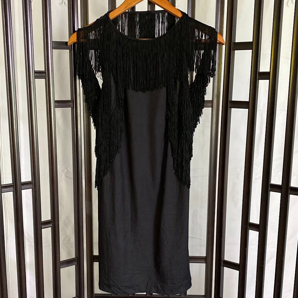 Vintage Planet Black Fringe Backless Mini Dress S